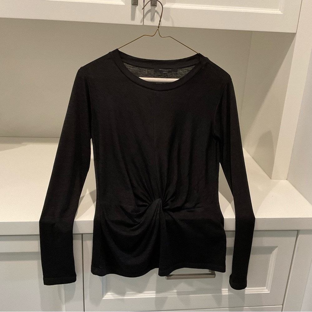 AllSaints long sleeve twist front top, black, XS